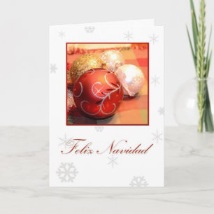 Cartão De Festividades Feliz Navidad, Spanish white with ornaments and sn