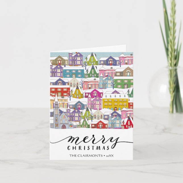 Cartão De Festividades Feliz Negra Moderna da Cidade de inverno Minimalis (Frente)