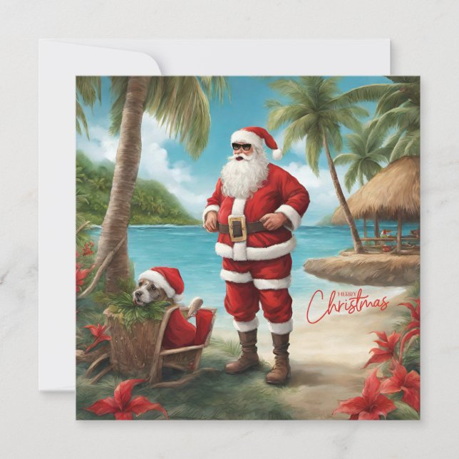 Cartão De Festividades Feliz Papai noel de Natal na Ilha Tropical (Frente)