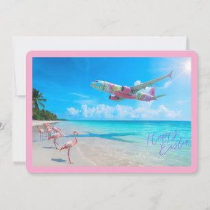 Cartão De Festividades Feliz Páscoa Avião Sobre a Praia com Flamingos