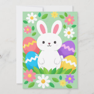 Cartão De Festividades Feliz Páscoa Coelhinho Branco Fofo Ovos Coloridos 