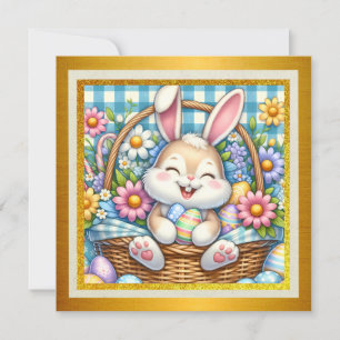 Cartão De Festividades Feliz Páscoa Com Coelhinho Fofo, Ovos e Floral