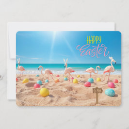Cartão De Festividades Feliz Páscoa Flamingo Caça aos Ovos na Praia