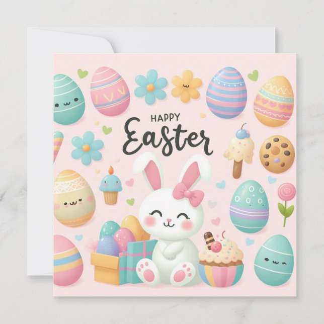 Cartão De Festividades Feliz Páscoa - Ovos de Coelho em Cores Pastéis (Frente)