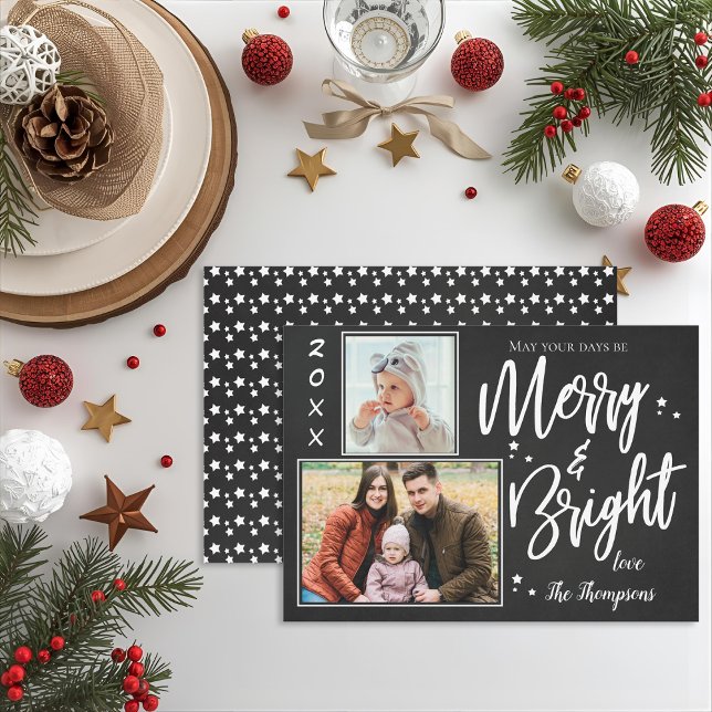 Cartão De Festividades Feliz personalizada do quadro chalkboard e multifo (Chalkboard Merry & Bright Multi-Photo Christmas Holiday Card)