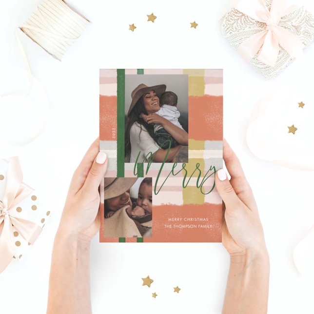 Cartão De Festividades Feliz Pêssego Moderno e Xadrez Verde Xadrez duas f (Criador carregado)