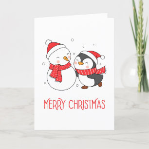 Cartão De Festividades Feliz Pinguim e Snowman Feliz Natal