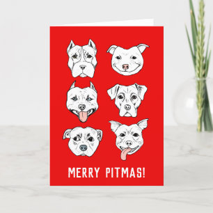 Cartão De Festividades Feliz Pitmas Pit Bull Dog Faces Natal