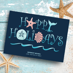 Cartão De Festividades Feliz Praia Concha Marinha Natal Azul Marinho