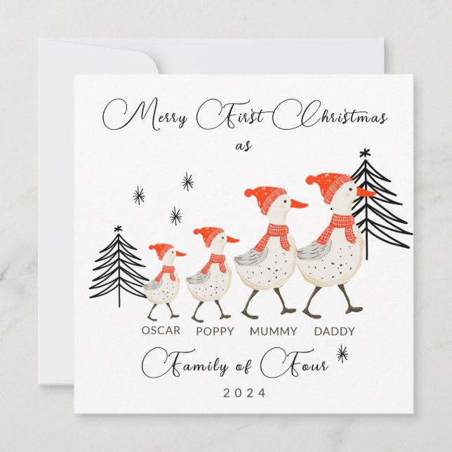 Cartão De Festividades Feliz Primeiro Natal Como Família De Quatro (Frente)