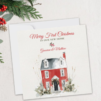 Cartão De Festividades Feliz Primeiro Natal em Nossa Nova Casa Aquarela
