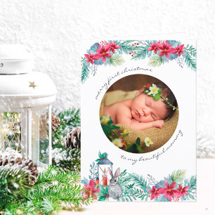 Cartão De Festividades Feliz Primeiro Natal Holly Visco Bebê Foto