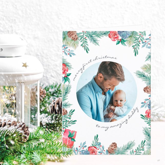 Cartão De Festividades Feliz Primeiro Natal Pine Cones Foto do Bebê (Criador carregado)