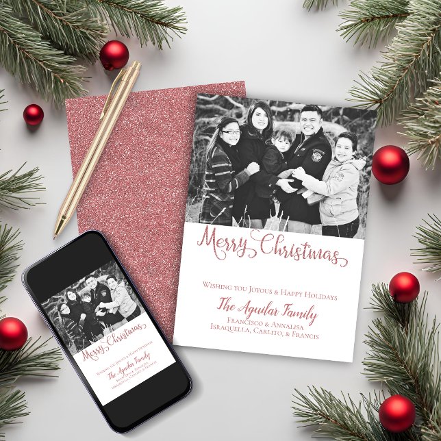 Cartão De Festividades Feliz Rosa de Natal, Dourada Foto Cinza Cintilante (Merry Christmas Rose Gold Pink Faux Glitter Photo Holiday Card)