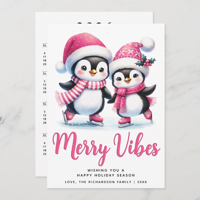 Cartão De Festividades Feliz Rosa Viba Pinguins Pinguins de Pele de Gelo (Frente/Verso)