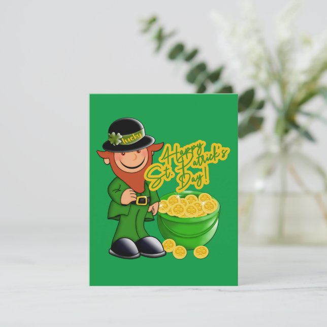 Cartão De Festividades Feliz Rua, Dia de Patrick! Leprechaun Dourado (Em pé/Frente)