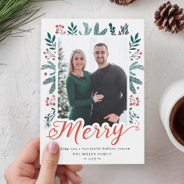 Cartão De Festividades Feliz Script Christmas Berry Holly e Pine Photo