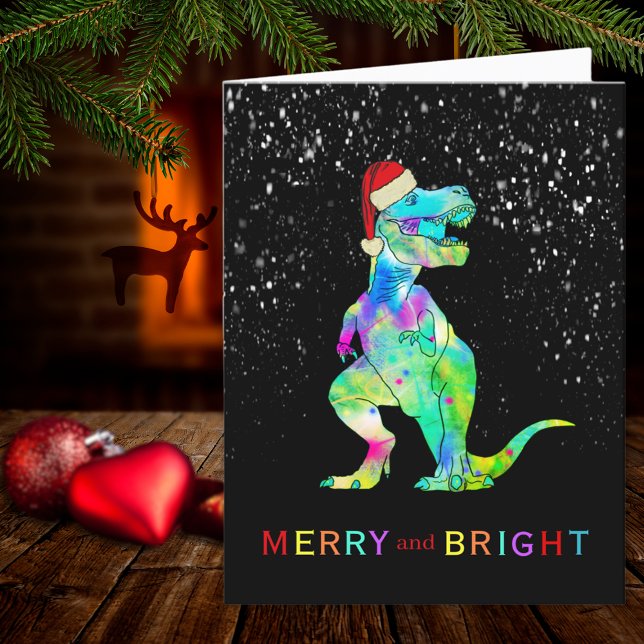 Cartão De Festividades Feliz T-Rex do Dinossauro de Natal e Brilho (Christmas dinosaur T-Rex merry and bright holiday greetings card)