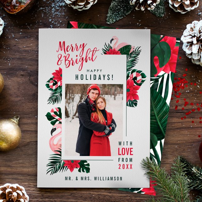 Cartão De Festividades Feliz Tropical & Bright Flamingo Candy Cane Foto (Tropical Merry & Bright Flamingo Candy Cane Photo Holiday Card)