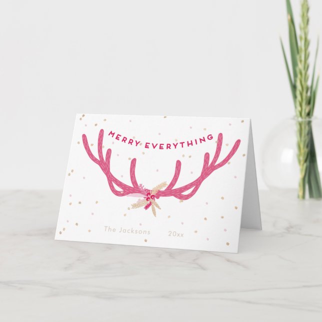 Cartão De Festividades Feliz Tudo Rosa Antlers Natal em Branco (Frente)