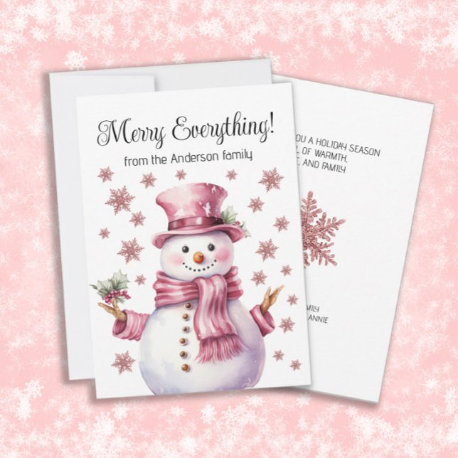 Cartão De Festividades Feliz Tudo Rosa Snowman Flocos de neve (Cute pink snowman and snowflakes "Merry Everything" custom Christmas/holiday greeting card.)