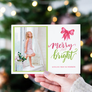 Cartão De Festividades Feliz verde-arco rosa e foto de Natal brilhante