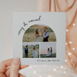 Cartão De Festividades Feliz Verde do Arco Moderno e Foto casada<br><div class="desc">Comemore a alegria da temporada com esta feliz verde da boho e casou-se com três cartões de festas. O script editável exclusivo e chic cria um toque de charme e individualidade. Seu simples, elegante design preto-e-branco, com um quadro clássico de arco boêmico, evoca um humilde ambiente de inverno. A fonte...</div>
