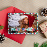 Cartão De Festividades Feliz Verde Vermelho Azul Retrospectiva Woofmas Na<br><div class="desc">Cachorro temido Feliz cartão com fotos de Natal com faixas em vermelho e branco e diferentes tons de verde e azul junto com a Feliz Woofmas escrita sobre uma foto do seu cachorro em uma fonte de entalhe retrô em vermelho,  azul e verde.</div>