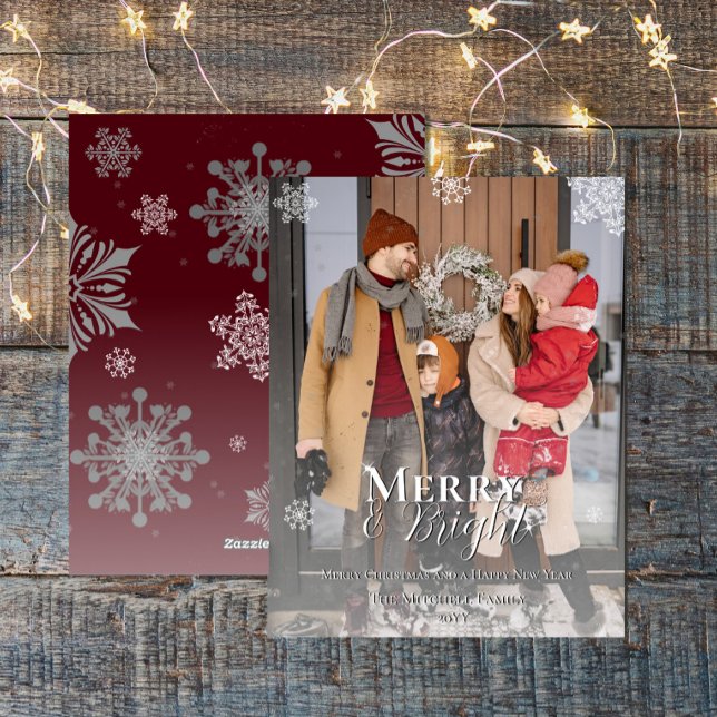 Cartão De Festividades Feliz Vermelha e Neve Brilhante Foto de Natal (Red Merry and Bright Snowflakes Christmas Photo Holiday Card)