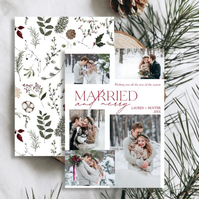 Cartão De Festividades Feliz Vermelha Moderna e Foto Casada Recentemente (Easily personalize this newlywed photo holiday card with your favorite images and deets)