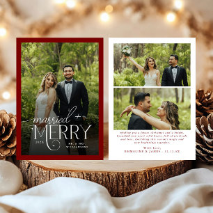 Cartão De Festividades Feliz Vermelha Profunda e Foto casada no Natal