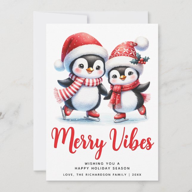 Cartão De Festividades Feliz Vermelha Viba Pinguins de Pinguins de Pele d (Frente)