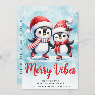 Cartão De Festividades Feliz Viba Pinguins Cutes Azul Vermelho Natal