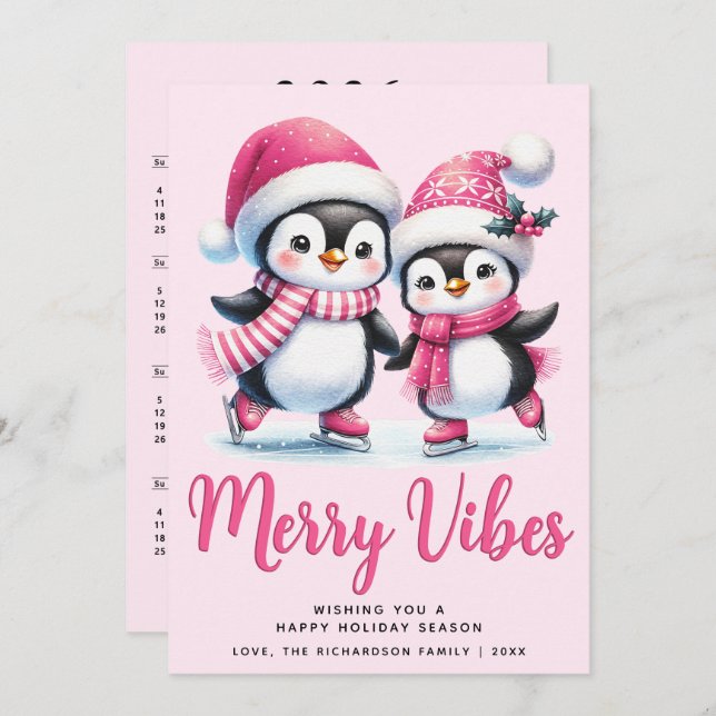 Cartão De Festividades Feliz Viba Pinguins de Pele de Gelo Rosa Natal (Frente/Verso)