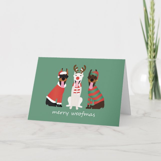 Cartão De Festividades Feliz Woofmas Dobermann - Cães de Natal (Frente)