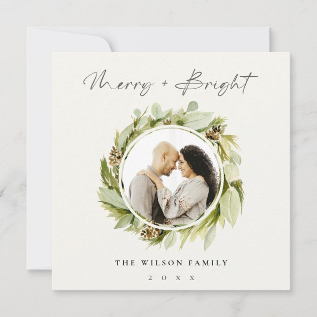 Cartão De Festividades Feliz Wreath e Foto de Natal Brilhante (Frente)