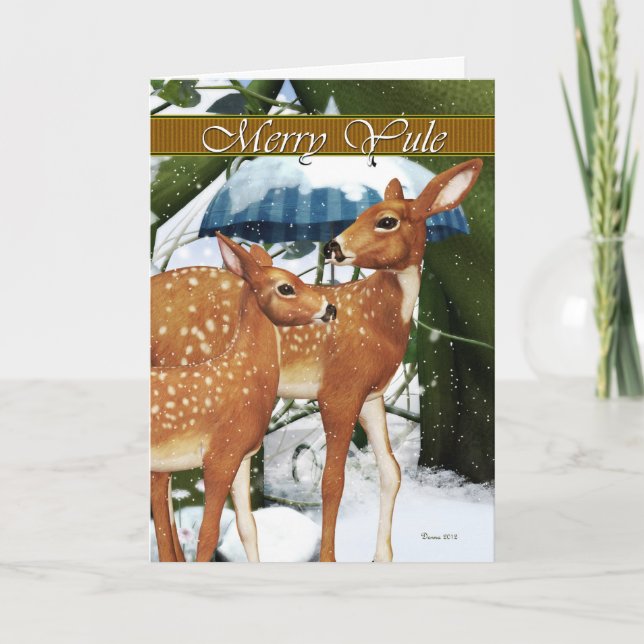 Cartão De Festividades Feliz Yule Doe e Fawn Deer Greeting Card (Frente)