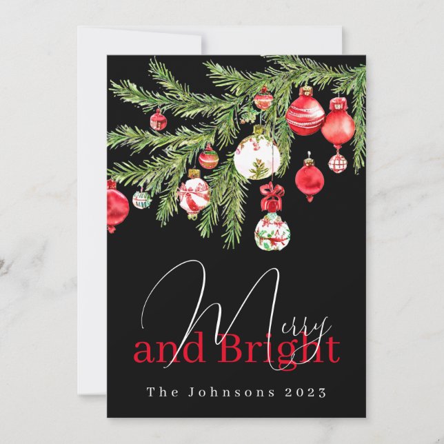Cartão De Festividades Felizes e ornamentos Brilhantes com Nome e ano (Frente)