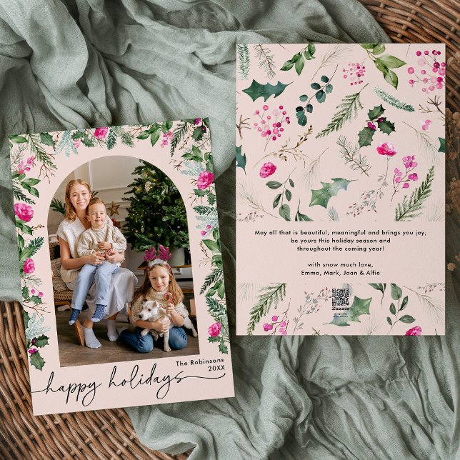 Cartão De Festividades Felizes Feriados Blush Botanic Arch 1 Rosa Fotogra (Criador carregado)