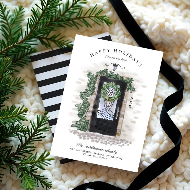 Cartão De Festividades Felizes Feriados Nova Porta Negra de Ferro Negra (Happy Holidays New Home Black Iron Watercolor Door Holiday Card)