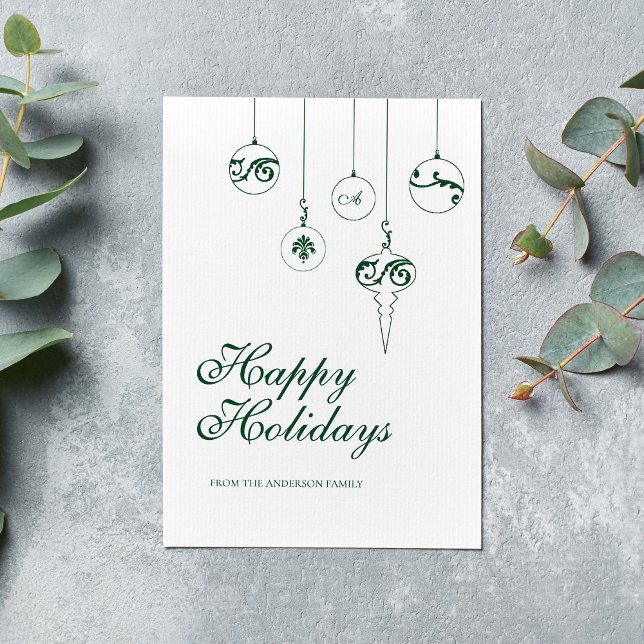 Cartão De Festividades Felizes Férias Winter Green Monograma Bauble (Criador carregado)