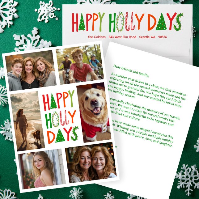 CARTÃO DE FESTIVIDADES FELIZMENTE DIAS DE FEIRA, PERSONALIZADO 6 FOTOGRAF (HAPPY HOLLY DAYS Hand-Drawn CUSTOM 6 PHOTO Xmas Holiday Card
)
