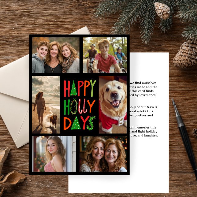 CARTÃO DE FESTIVIDADES FELIZMENTE DIAS DE FEIRA, PERSONALIZADO 6 FOTOGRAF (HAPPY HOLLY DAYS Hand-Drawn CUSTOM 6 PHOTO Xmas Holiday Card
)