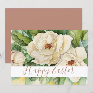 Cartão De Festividades Felz pascoa Branco Magnolia Rosa Texto Dourado Flo