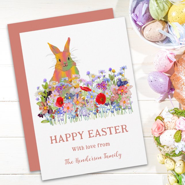 Cartão De Festividades Felz pascoa Bunny e Flores Selvagens (Personalized Cute easter bunny spring floral holiday flat greetings card boho wildflower meadow )