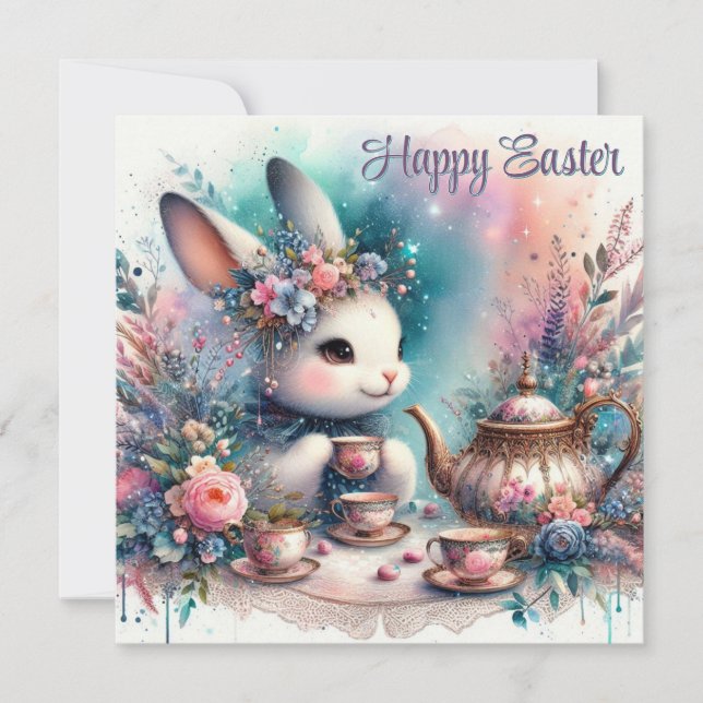 Cartão De Festividades Felz pascoa Bunny Festivo Watercolor Tea (Frente)