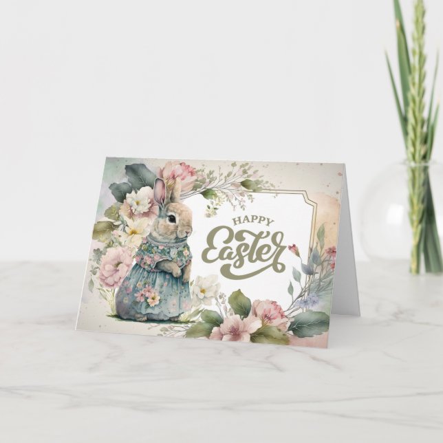 Cartão De Festividades Felz pascoa. Coelhinho Bonito E Moçado (Frente)