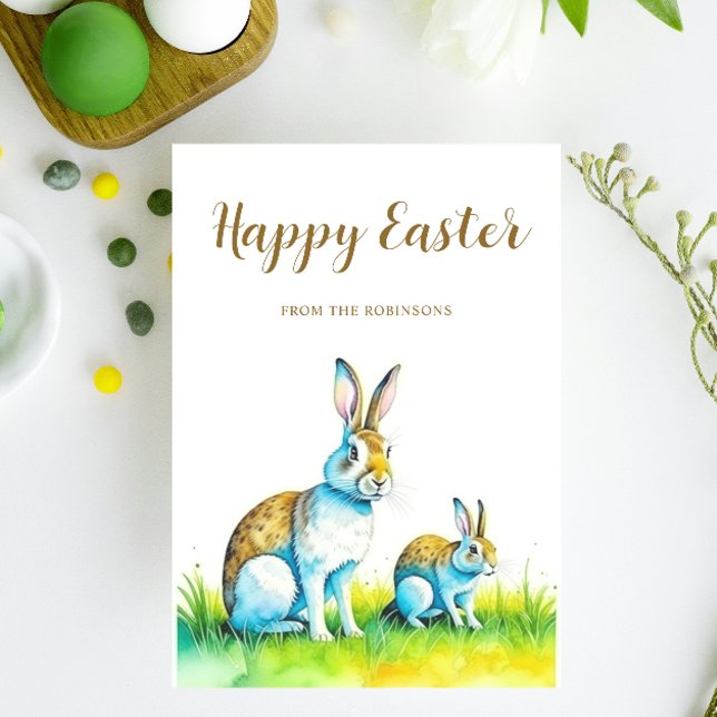 Cartão De Festividades Felz pascoa coelho bonito ( Watercolor Cute bunny custom easter card. )