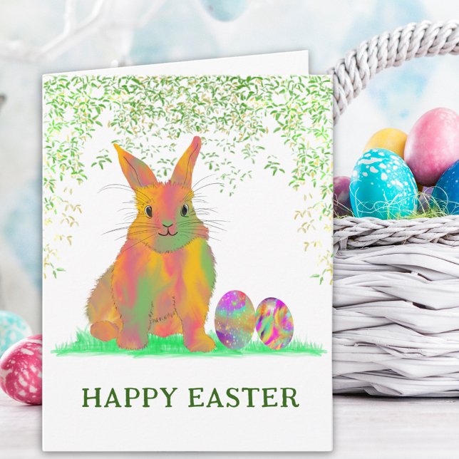 Cartão De Festividades Felz pascoa de Coelhinho e Ovos (Happy Easter Cute Bunny & Egg Colorful Watercolor Folded holiday greetings card)