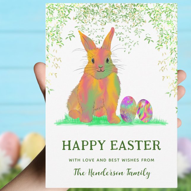 Cartão De Festividades Felz pascoa de Coelhinho e Ovos (Happy Easter cute bunny and eggs watercolor personalized greetings card)